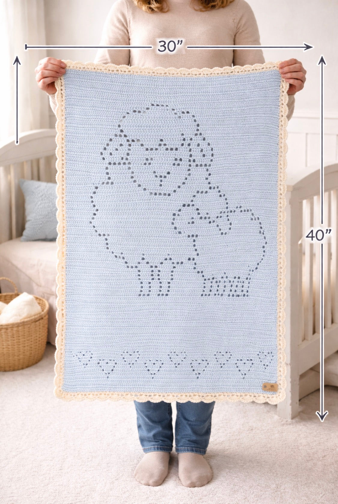 Heirloom Crochet Lamb Blanket – Baby Nursery Throw with Scalloped Edge | Soft Blue Faith-Inspired Gift