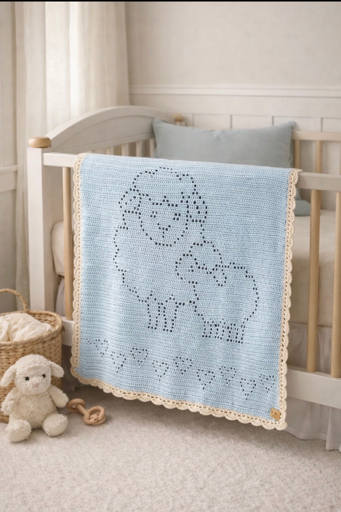 Heirloom Crochet Lamb Blanket – Baby Nursery Throw with Scalloped Edge | Soft Blue Faith-Inspired Gift