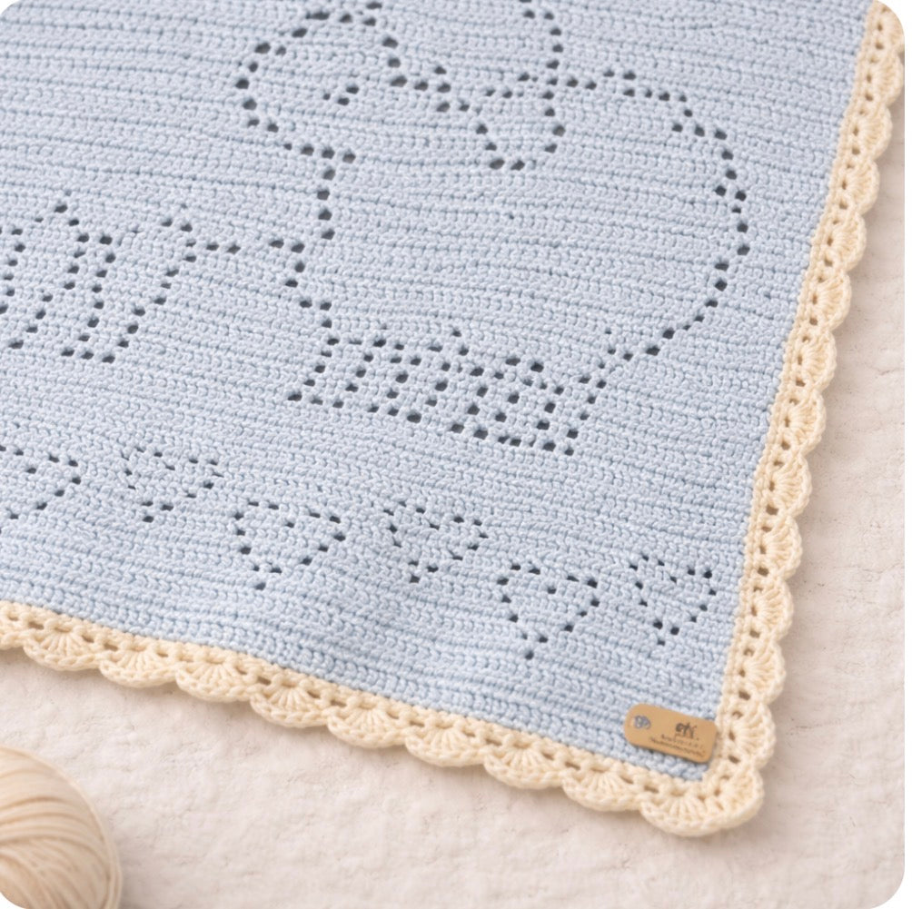 Heirloom Crochet Lamb Blanket – Baby Nursery Throw with Scalloped Edge | Soft Blue Faith-Inspired Gift