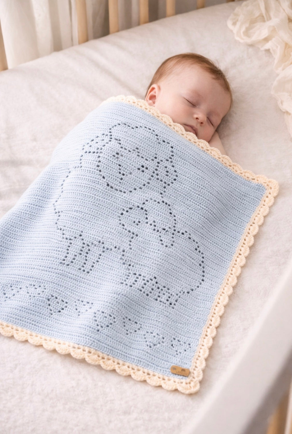Heirloom Crochet Lamb Blanket – Baby Nursery Throw with Scalloped Edge | Soft Blue Faith-Inspired Gift
