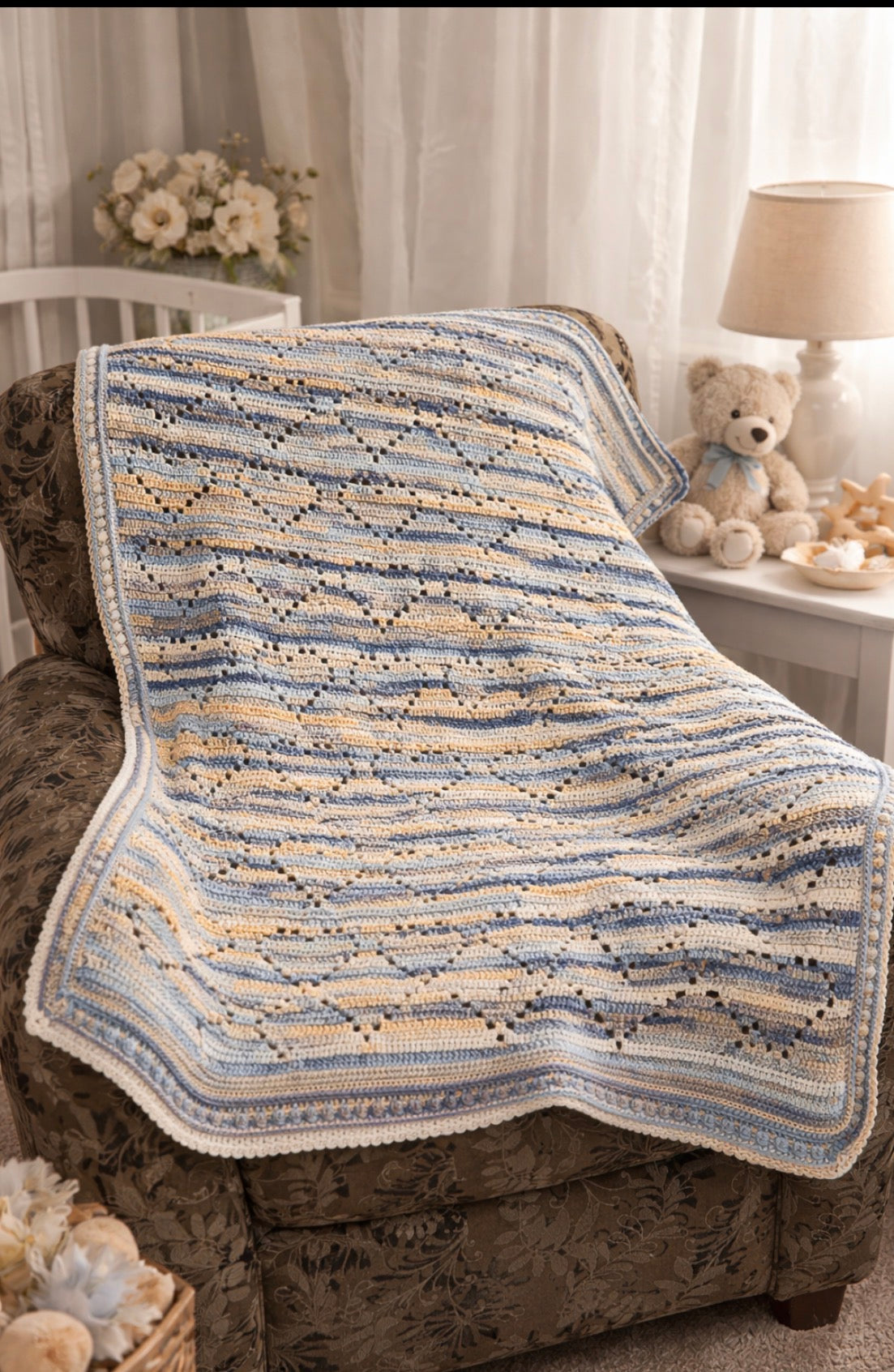 Heirloom Crochet Baby Blanket – Soft Blue & Cream | Handmade Nursery Throw | Faith-Inspired Gift