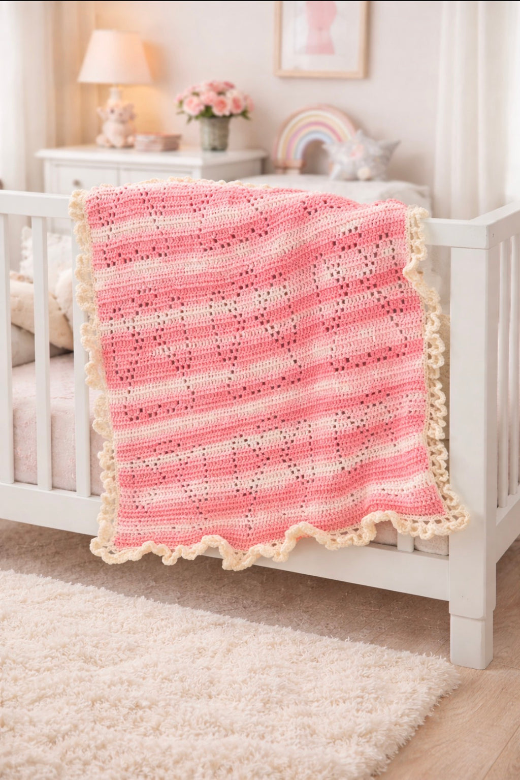 Heirloom Crochet Baby Girl Blanket – Pink & Cream Scalloped Nursery Throw | Handmade Keepsake Gift