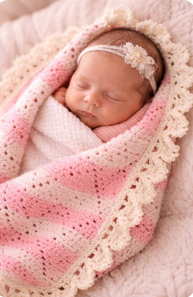 Heirloom Crochet Baby Girl Blanket – Pink & Cream Scalloped Nursery Throw | Handmade Keepsake Gift