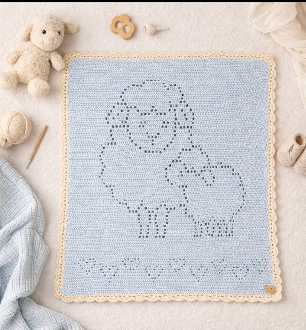 Heirloom Crochet Lamb Blanket – Baby Nursery Throw with Scalloped Edge | Soft Blue Faith-Inspired Gift