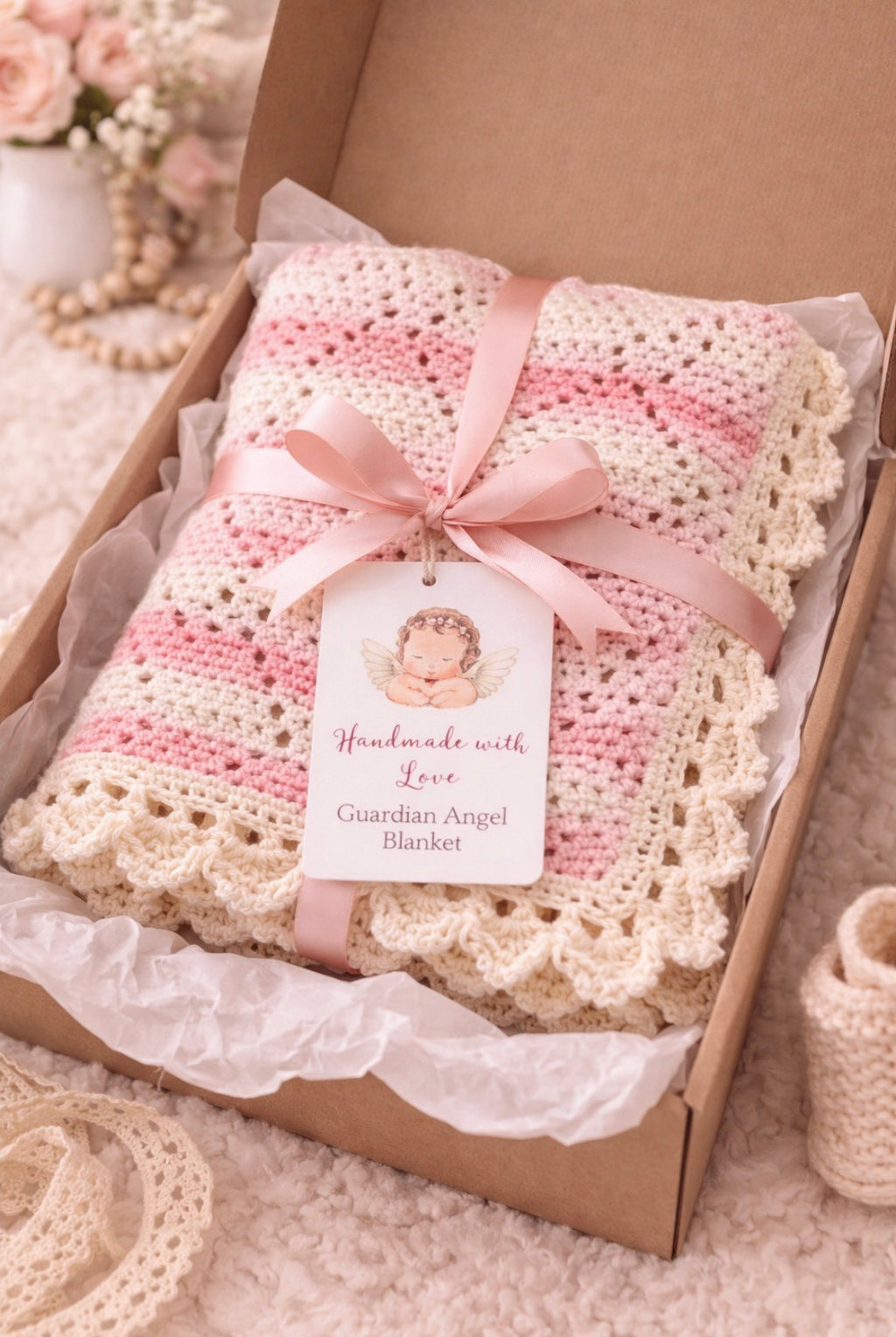 Heirloom Crochet Baby Girl Blanket – Pink & Cream Scalloped Nursery Throw | Handmade Keepsake Gift