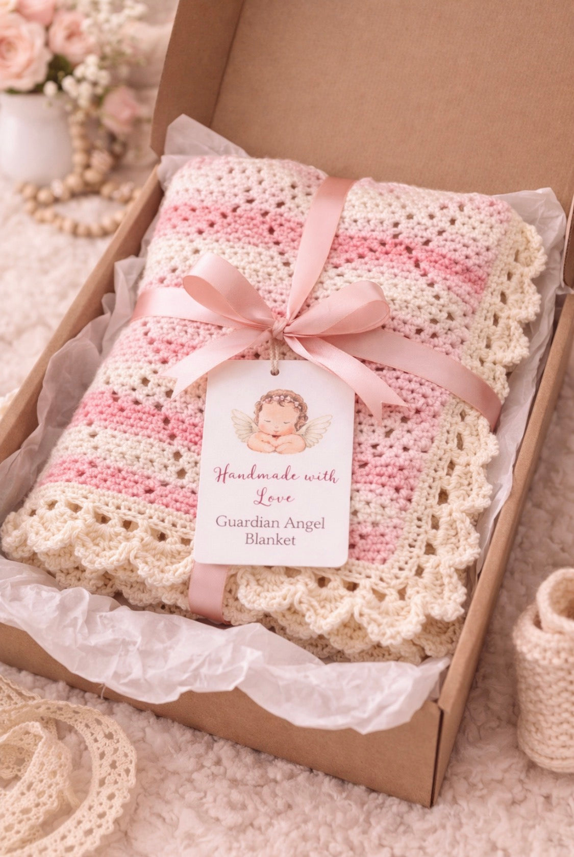 Heirloom Crochet Baby Girl Blanket – Pink & Cream Scalloped Nursery Throw | Handmade Keepsake Gift