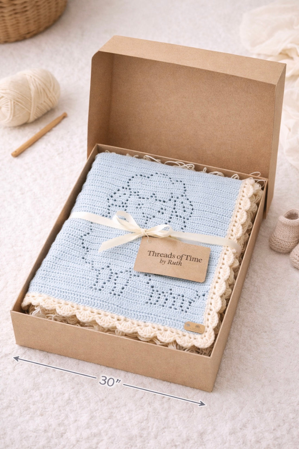 Heirloom Crochet Lamb Blanket – Baby Nursery Throw with Scalloped Edge | Soft Blue Faith-Inspired Gift