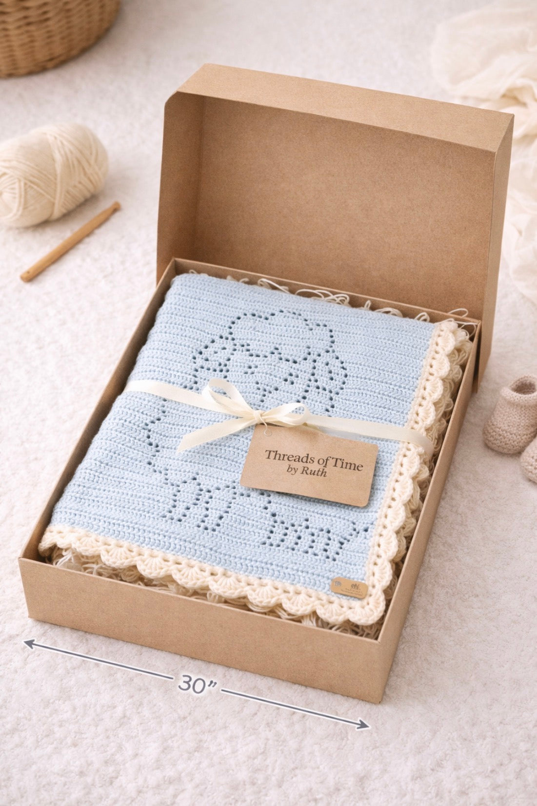 Heirloom Crochet Lamb Blanket – Baby Nursery Throw with Scalloped Edge | Soft Blue Faith-Inspired Gift