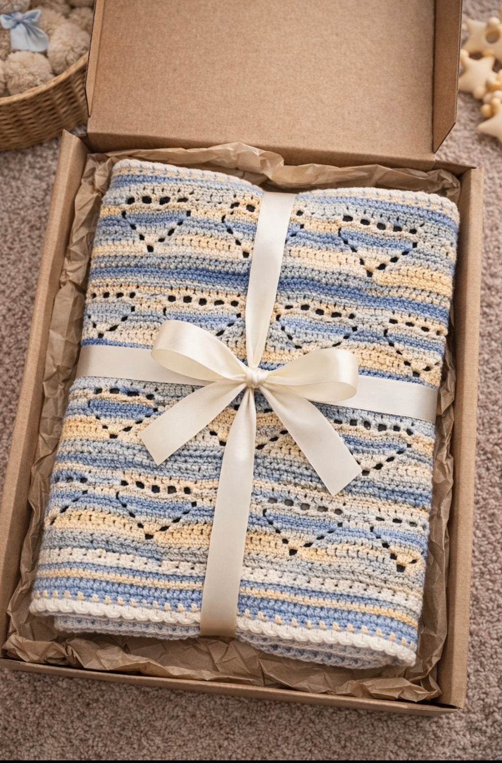 Heirloom Crochet Baby Blanket – Soft Blue & Cream | Handmade Nursery Throw | Faith-Inspired Gift